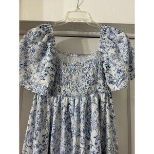 Blue Smocked Floral Toile Puff Sleeve Maxi  Dress Cottagecore Ruffle Modest Sz 6